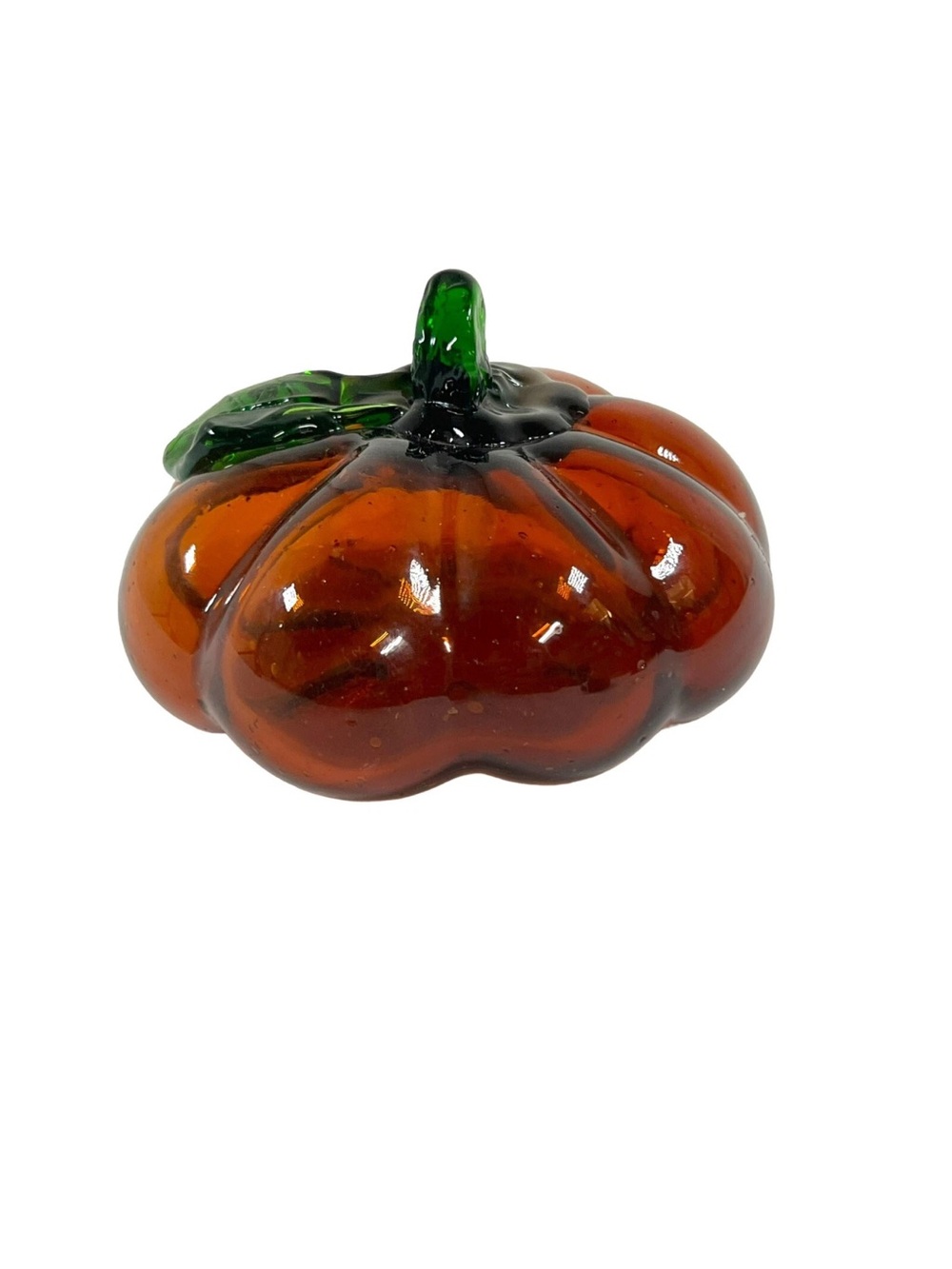 Hand-blown Art Glass Pumpkin Squash Orange Halloween Green stem Vintage Fall